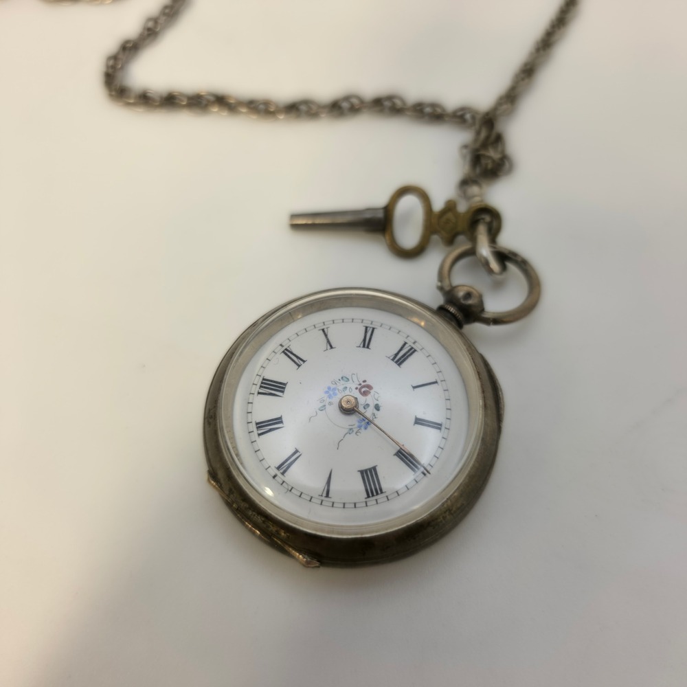 Pocket Watch OS Silver Good Antique Floral Key Wind Chain missing hand - Picture 2 of 9